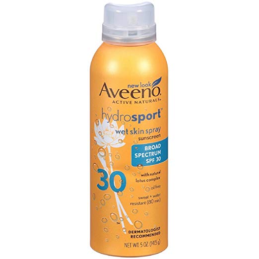 Image is of a spray on sunblock bottle: New Look Aveeno Active Naturals HydroSport. SPF 30.