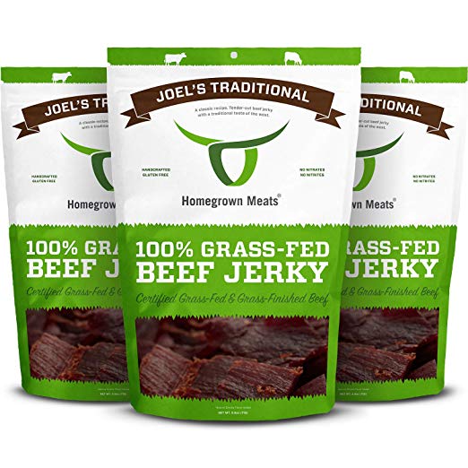 Image of three bags of green and white. The brand says Joel's Traditional Homegrown Meats. 100% Grass-FedBeef Jerky. 